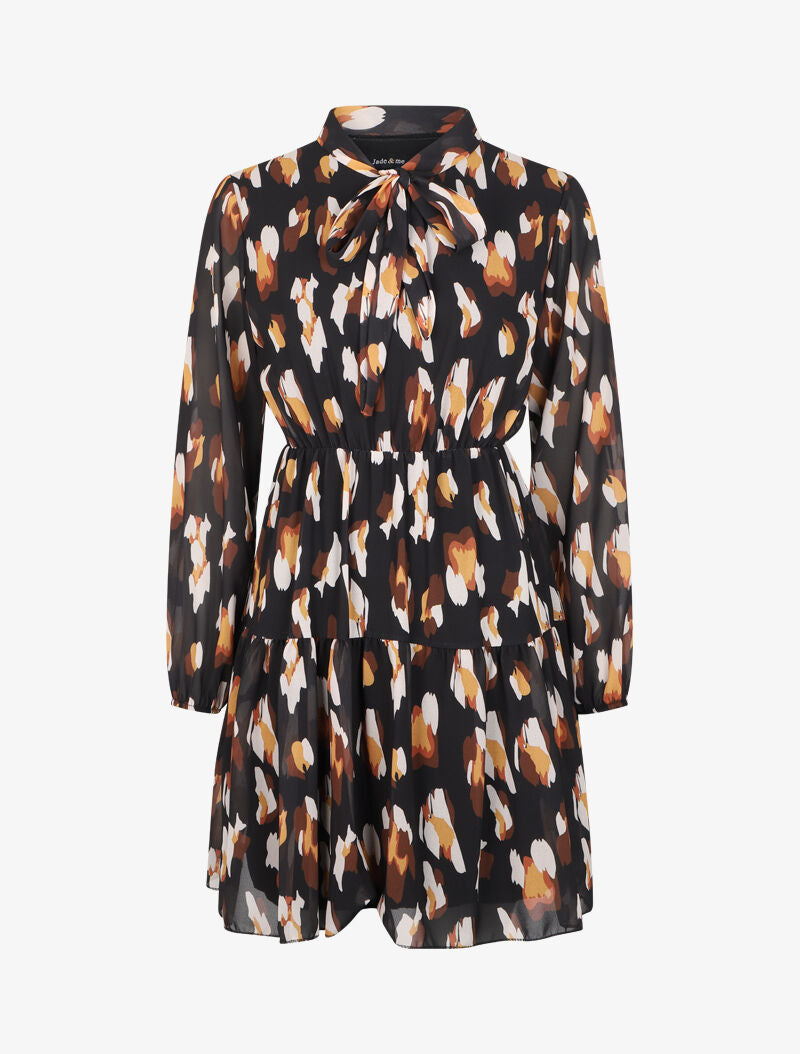 Robe à col lavallière et imprimé léopard stylisé - Noir - 1