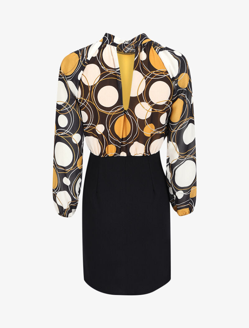 Robe fourreau à buste imprimé cercles stylisés et manches raglan - Moutarde - 2