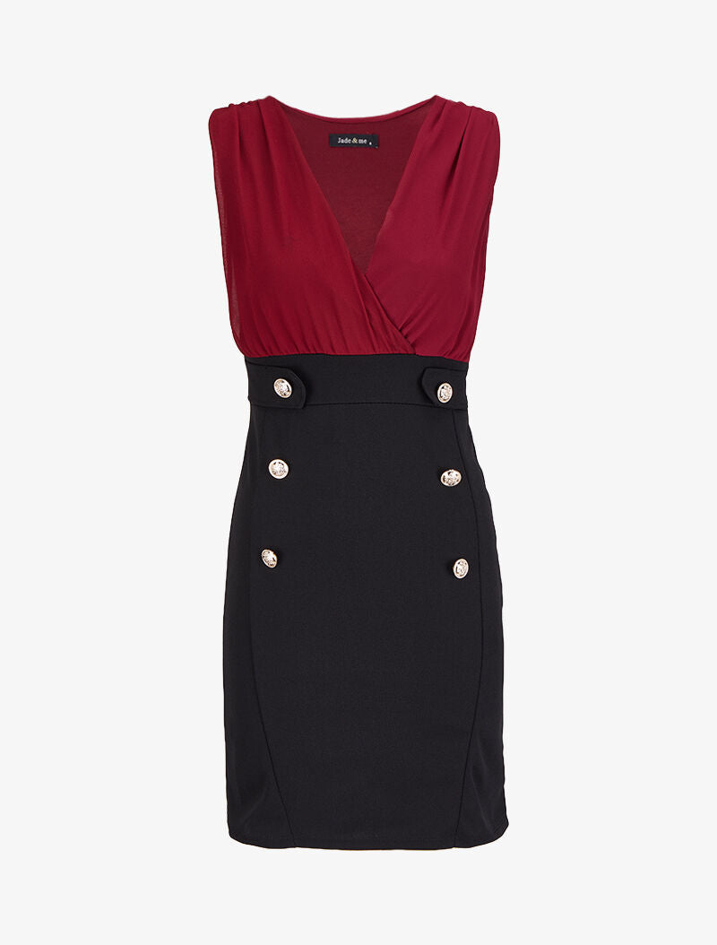 Robe bi-matière à boutons stylisés - Bordeaux/noir - 1