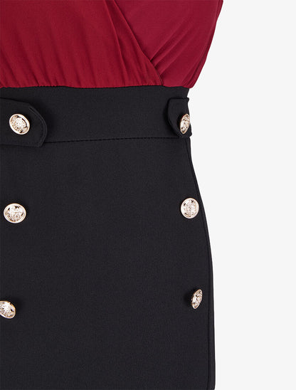 Robe bi-matière à boutons stylisés - Bordeaux/noir - 3