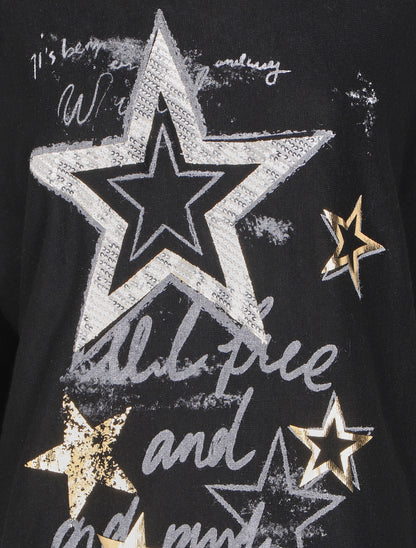Pull fin loose à motif à inscriptions et motifs étoiles irisées - Noir - 3