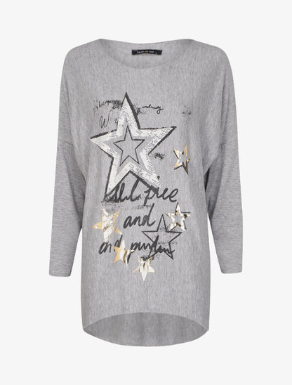 Pull fin loose à motif à inscriptions et motifs étoiles irisées - Gris chiné - 4