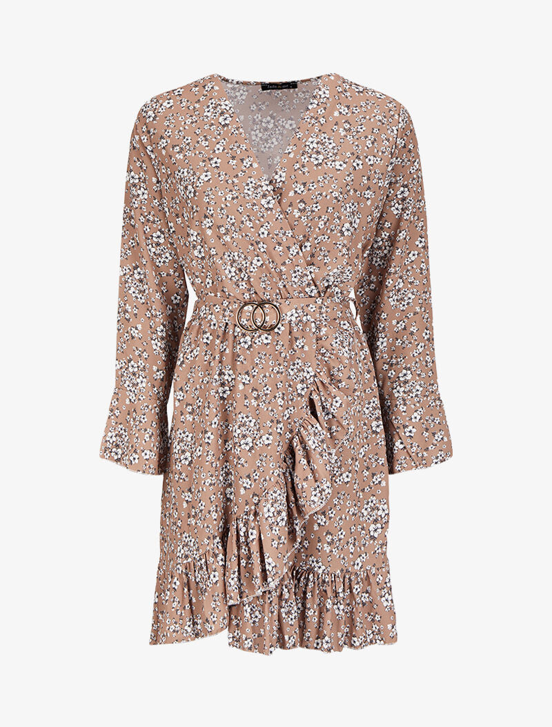 Robe portefeuille volantée à imprimé petites fleurs - Beige - 1