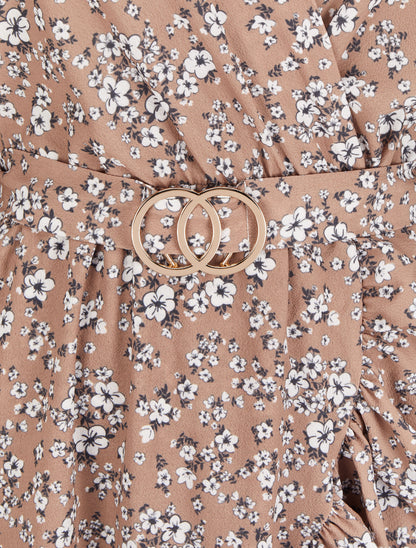 Robe portefeuille volantée à imprimé petites fleurs - Beige - 3