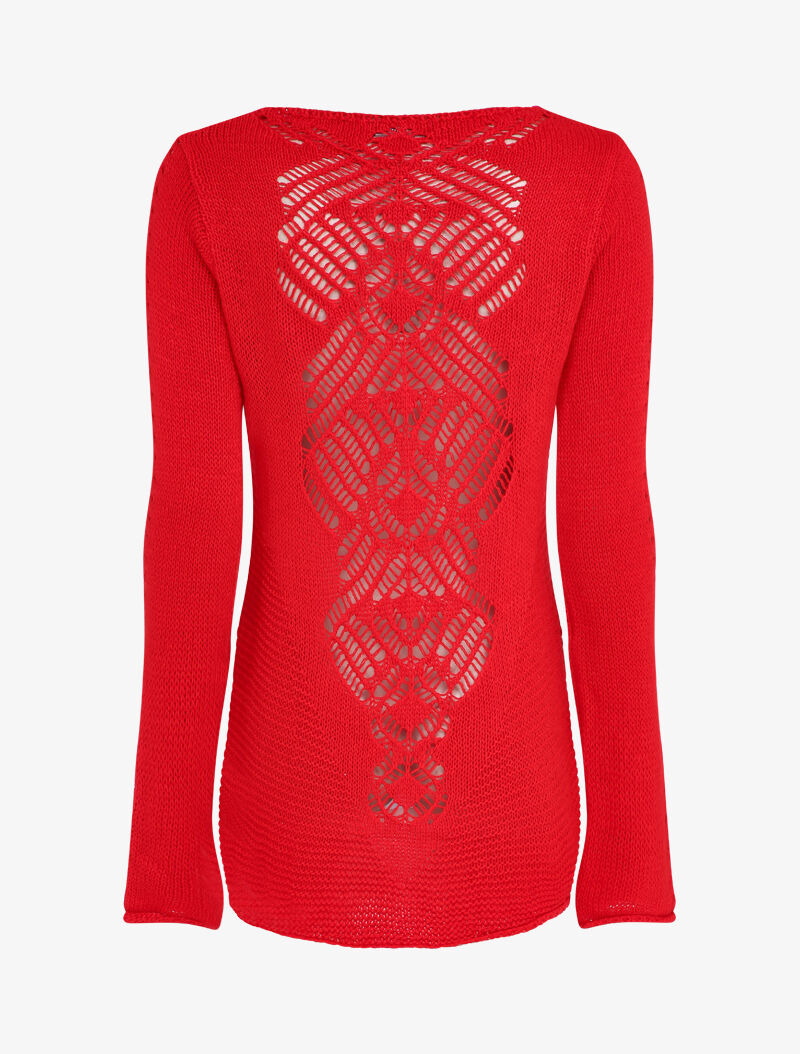 Pull à dos long ajouré et stylisé - Rouge - 2
