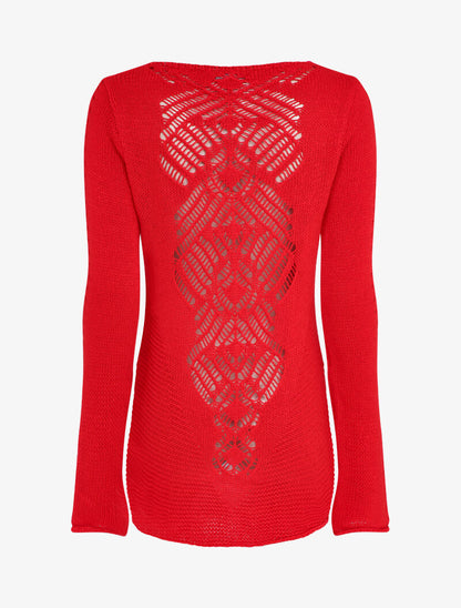 Pull à dos long ajouré et stylisé - Rouge - 2
