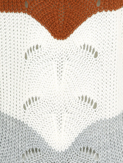 Pull long color block en maille - Marron - 3
