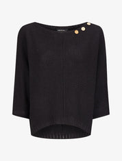 Pull en maille point de riz à col bateau boutonné - Noir - 1