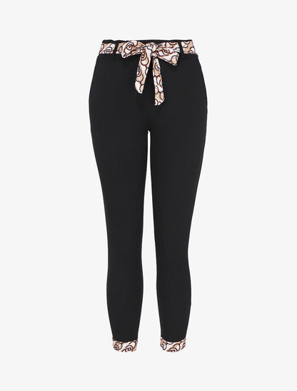 Pantalon taille haute 7/8 à revers imprimés - Noir/beige - 1