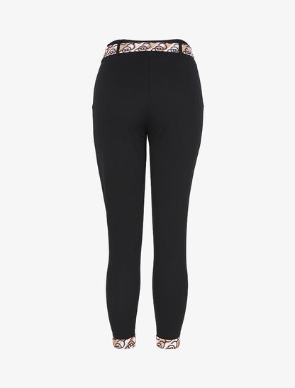 Pantalon taille haute 7/8 à revers imprimés - Noir/beige - 2