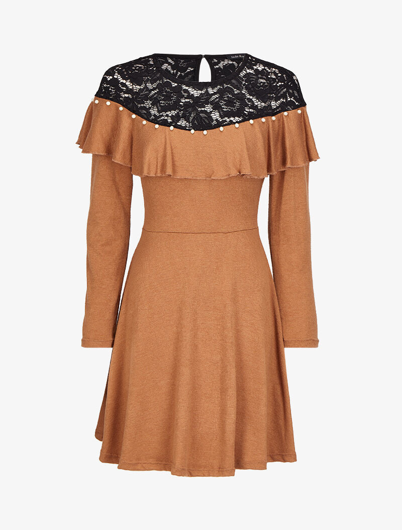 Robe patineuse à épaules en dentelle à volants - Camel - 4