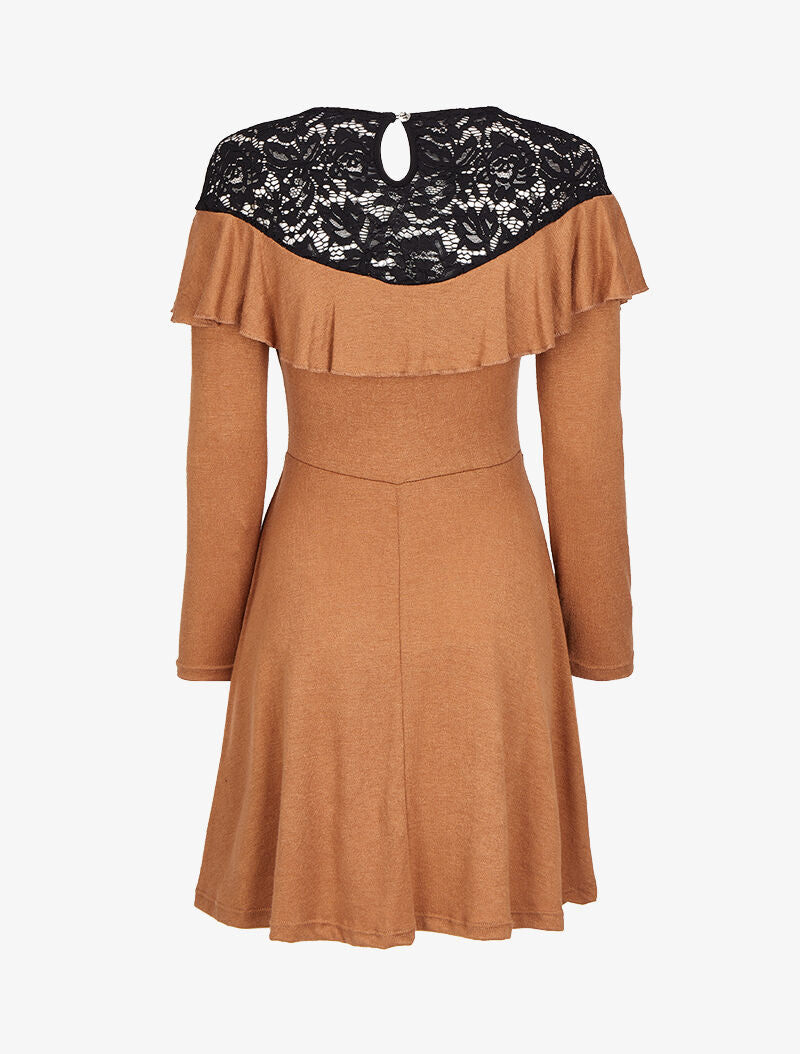 Robe patineuse à épaules en dentelle à volants - Camel - 2