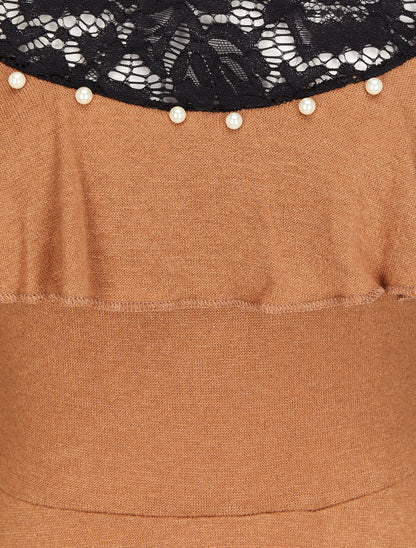 Robe patineuse à épaules en dentelle à volants - Camel - 3