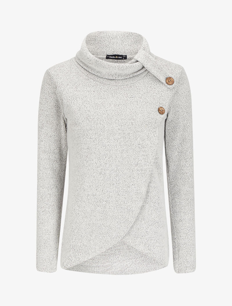 Pull à col roulé à détails boutons et pans avant croisés - Gris clair - 1