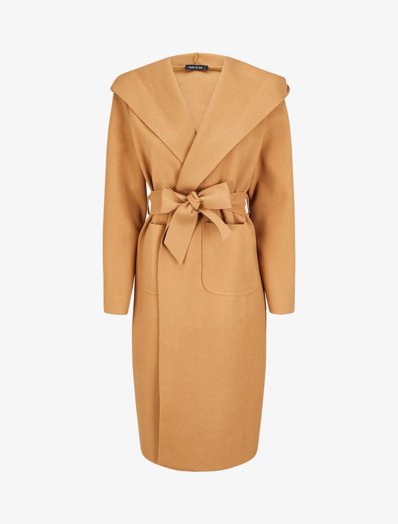 Manteau long ceinturé à capuche - Camel - 1