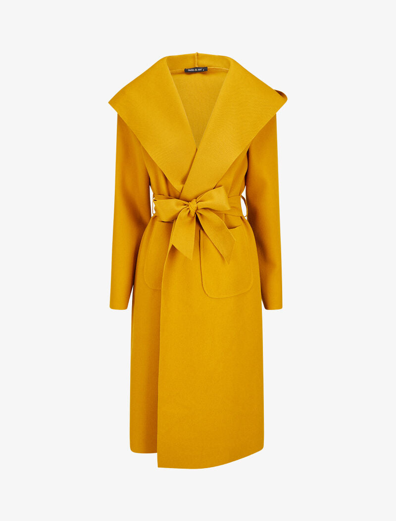 Manteau long ceinturé à capuche - Moutarde - 1