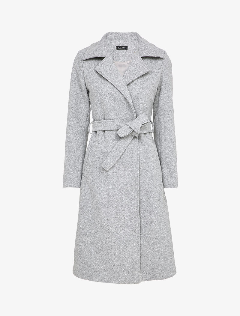 Manteau long ceinturé à col cranté - Gris chiné - 1