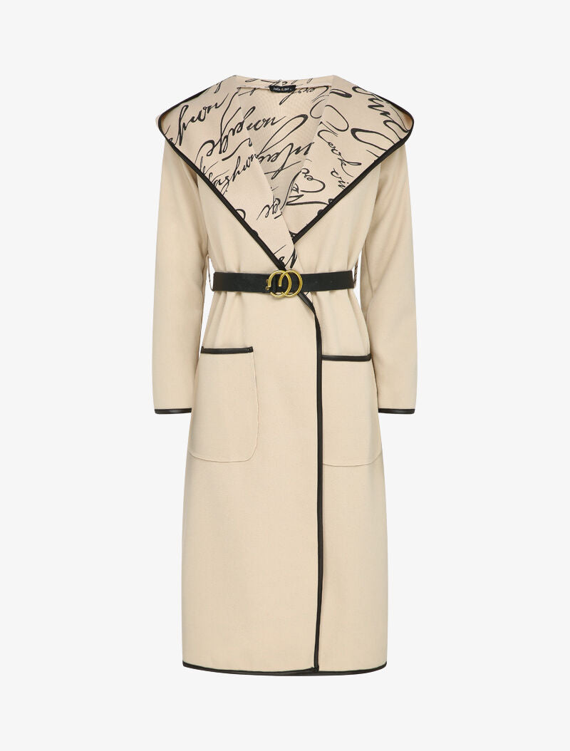 Manteau long à capuche et doublure à messages - Beige - 4