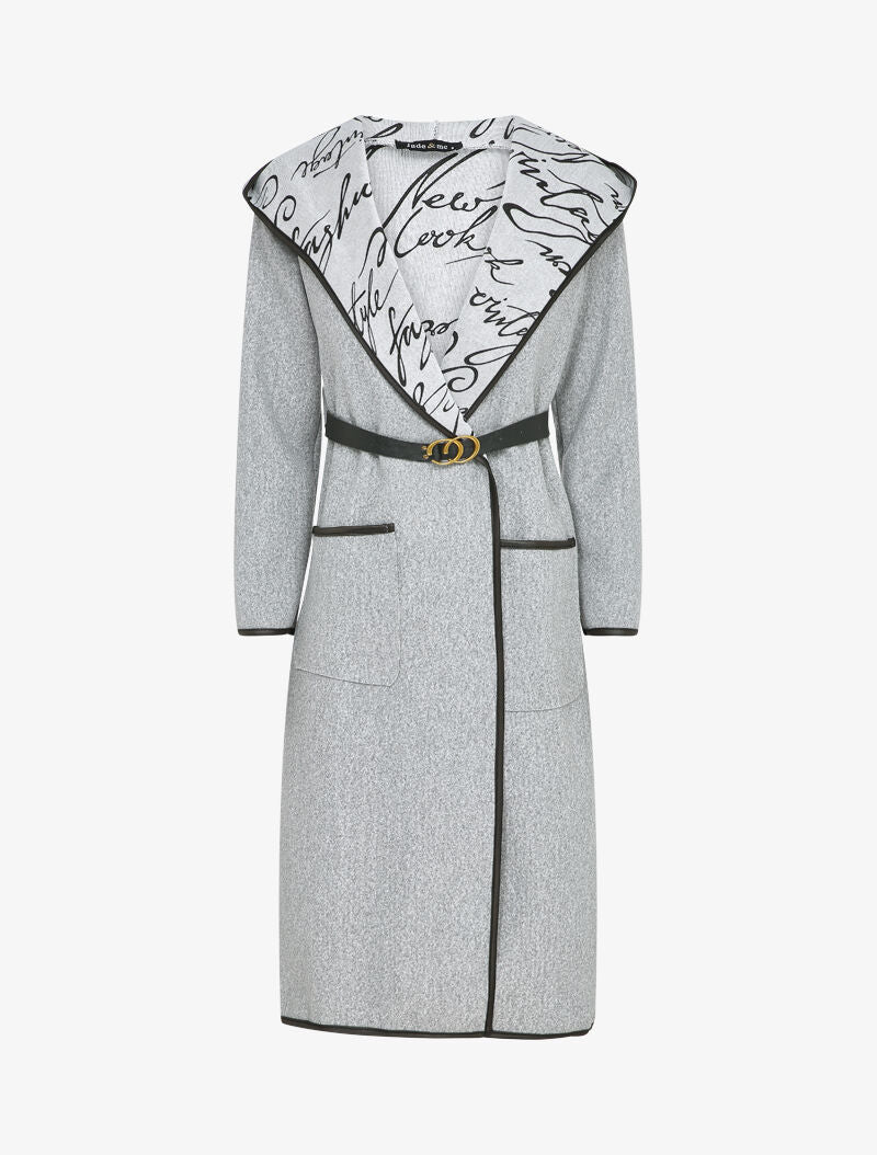 Manteau long à capuche et doublure à messages - Gris chiné - 1