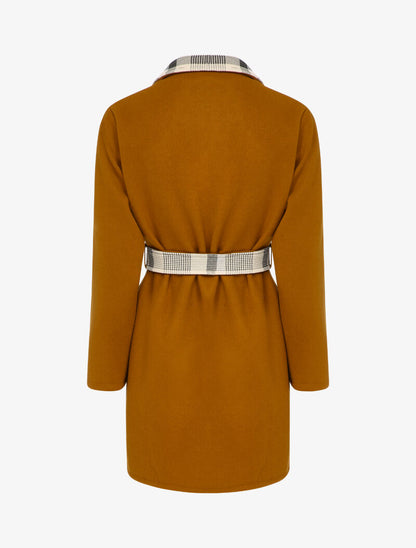 Manteau ouvert à col imprimé à carreaux - Camel - 2