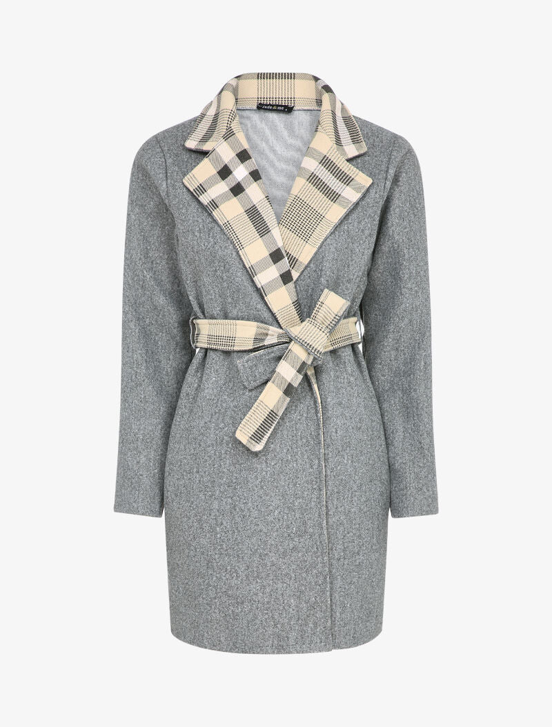 Manteau ouvert à col imprimé à carreaux - Gris chiné - 1