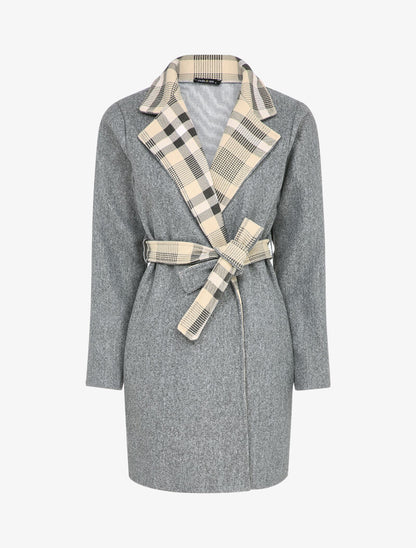 Manteau ouvert à col imprimé à carreaux - Gris chiné - 1