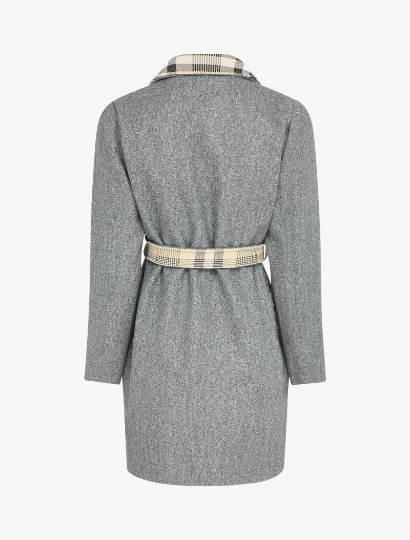 Manteau ouvert à col imprimé à carreaux - Gris chiné - 2