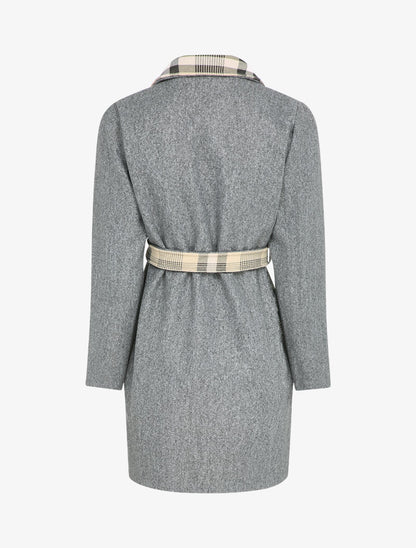 Manteau ouvert à col imprimé à carreaux - Gris chiné - 2