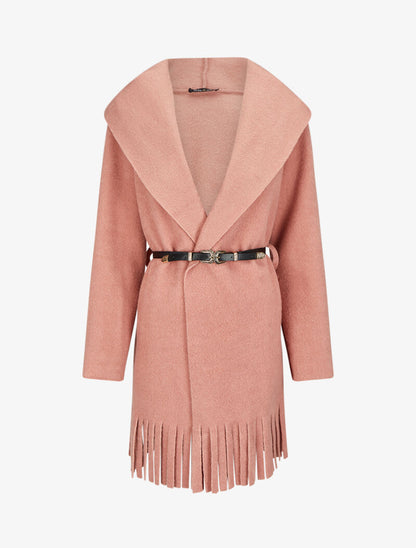 Manteau à capuche à bord à franges - Rose - 4