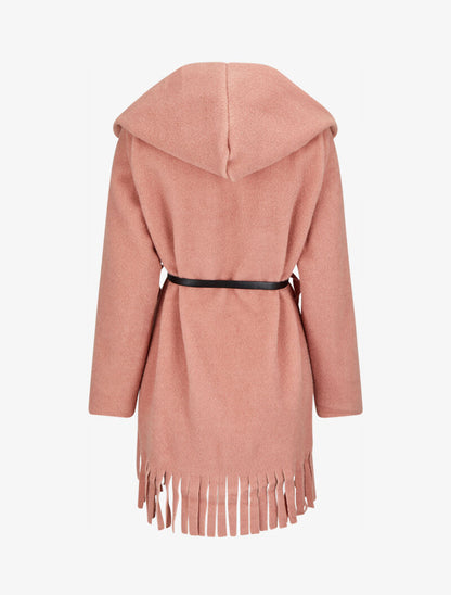 Manteau à capuche à bord à franges - Rose - 2