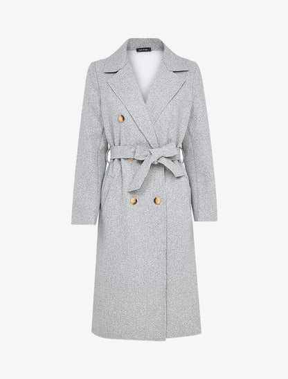 Manteau long ceinturé à double boutonnages - Gris chiné - 1