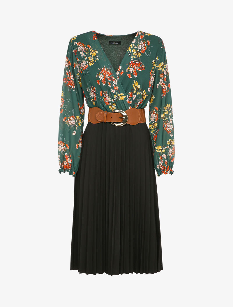 Robe longue à plis accordéon et imprimé floral - Vert - 1