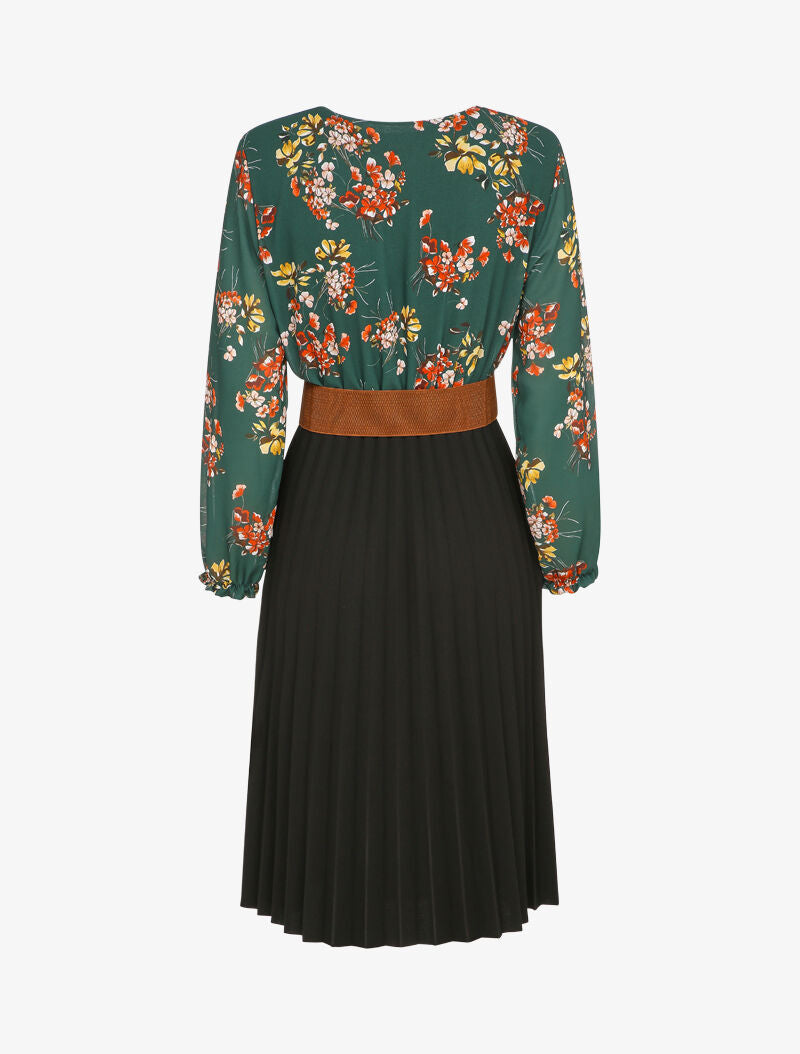 Robe longue à plis accordéon et imprimé floral - Vert - 2