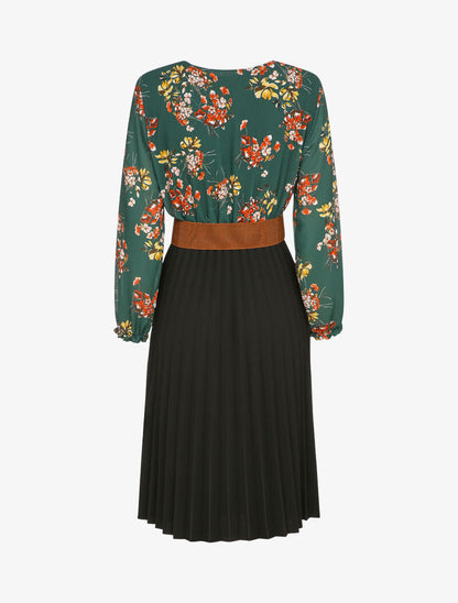 Robe longue à plis accordéon et imprimé floral - Vert - 2