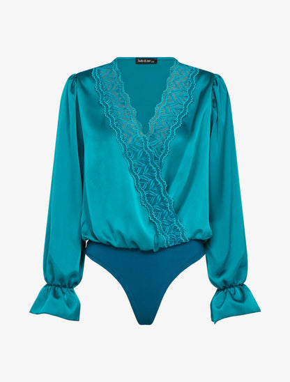 Body satiné à col cache-coeur en dentelle - Bleu canard - 4