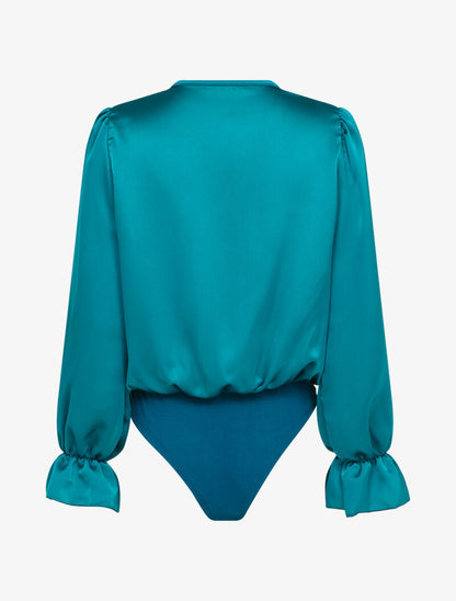 Body satiné à col cache-coeur en dentelle - Bleu canard - 2