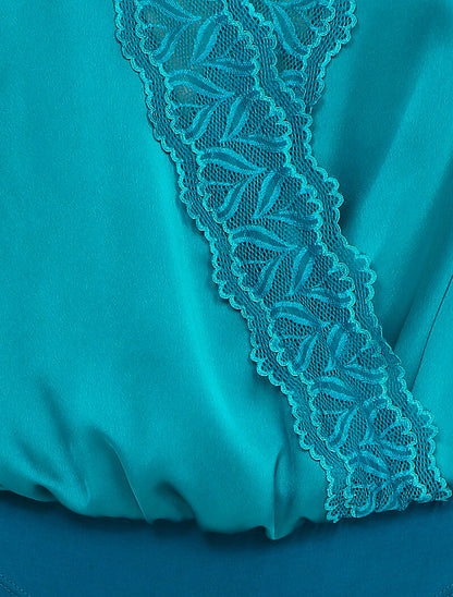 Body satiné à col cache-coeur en dentelle - Bleu canard - 3