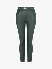 Pantalon uni en simili à détail bijou - Vert sapin - 1