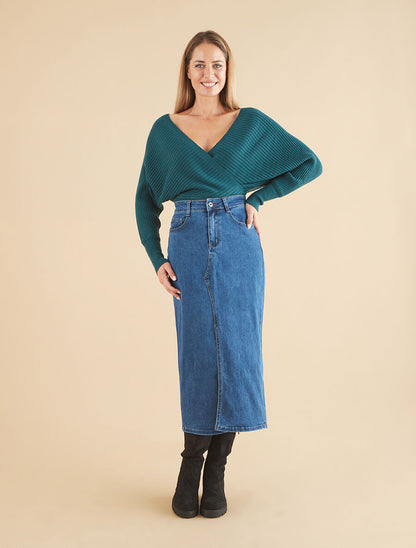 Jupe droite fendue en jean - Bleu - 4