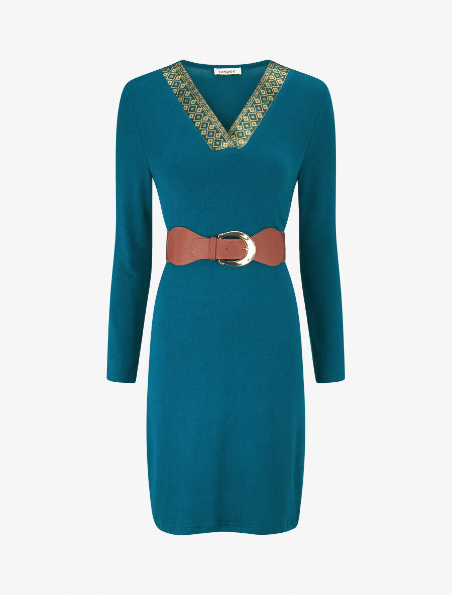 Robe pull col V fantaisie irisé - Bleu lagon - 4