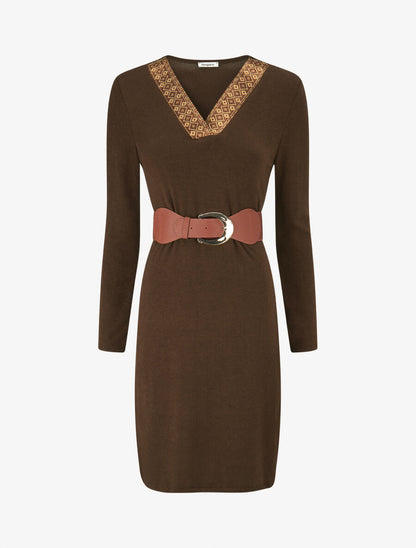 Robe pull col V fantaisie irisé - Marron - 4