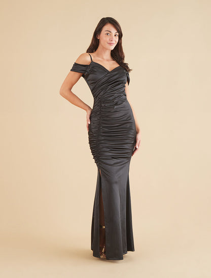 Robe longue fendue à épaules dénudées - Noir - 4