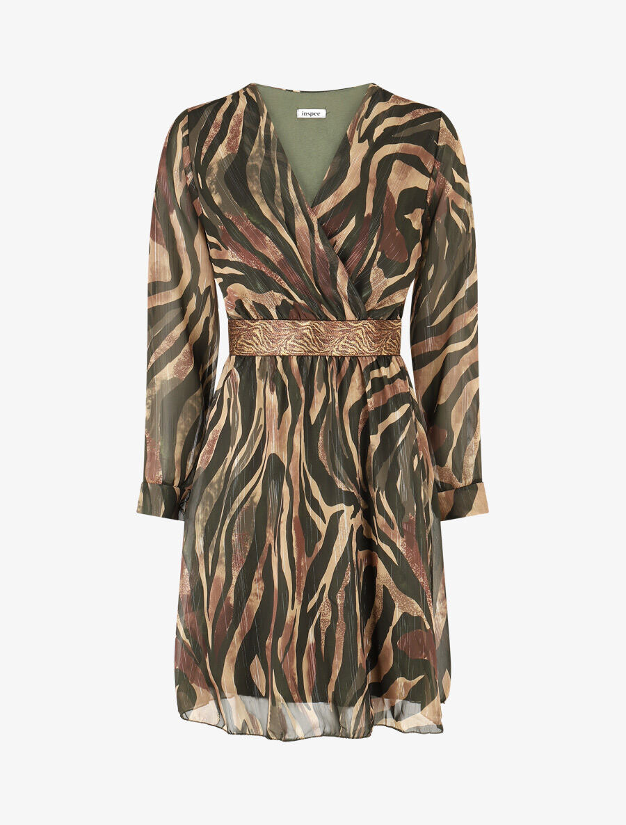 Robe fluide imprimé zébre à taille stylisée - Kaki - 5