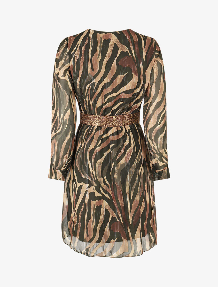 Robe fluide imprimé zébre à taille stylisée - Kaki - 2