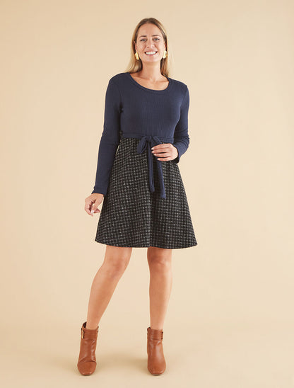 Robe bimatière à jupe imprimé carreaux - Marine - 4
