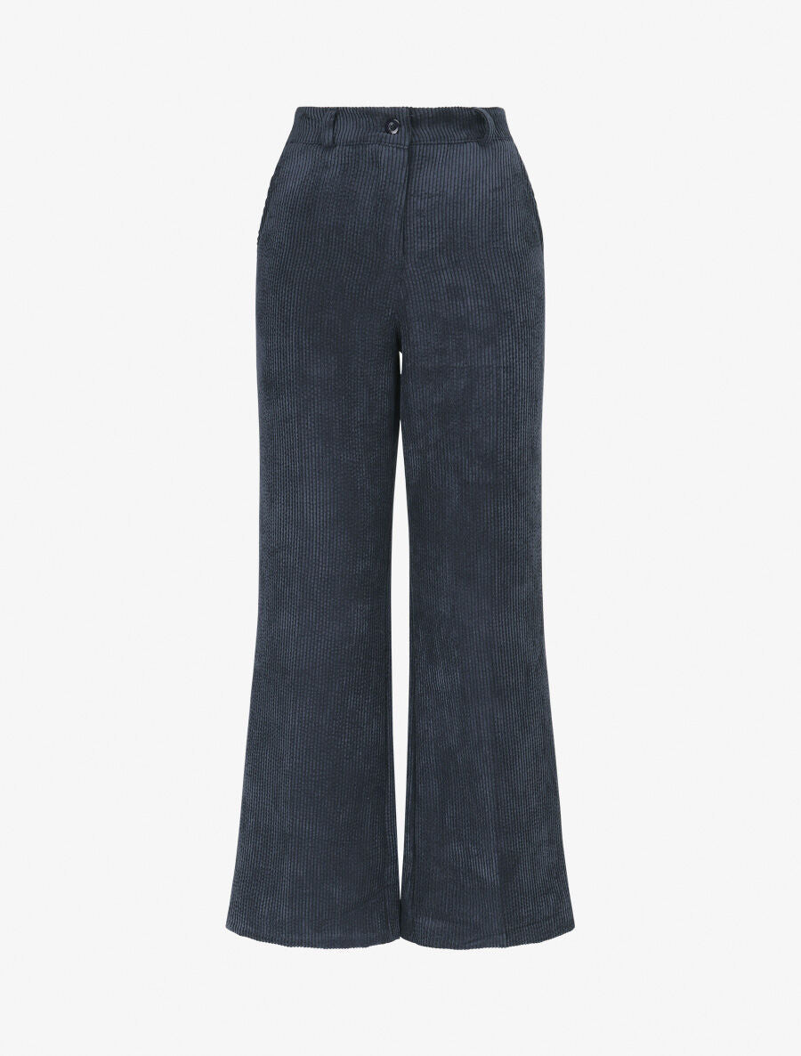 Pantalon uni en velours - Marine - 1