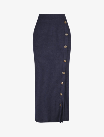 Jupe longue fendue en maille - Marine - 5