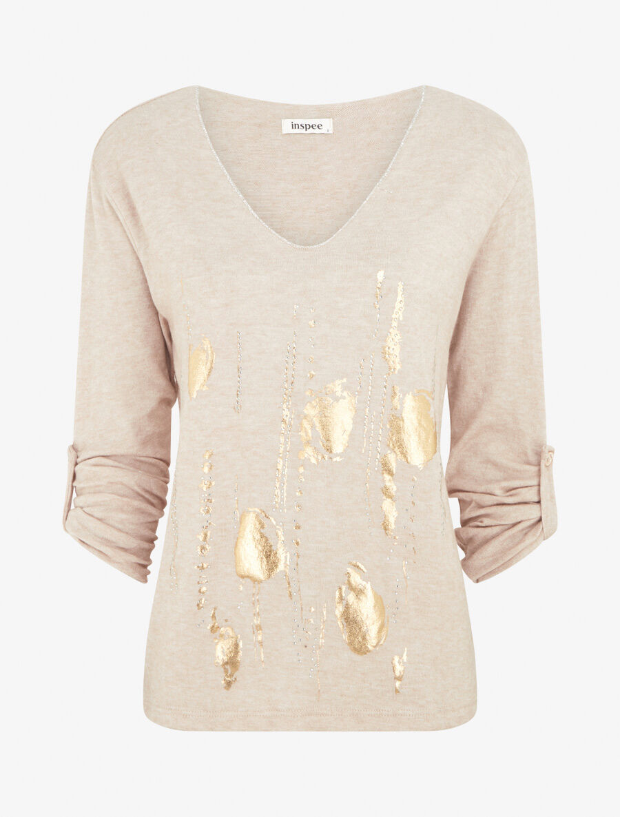 Pull fin à manches longues retroussables - Beige - 1