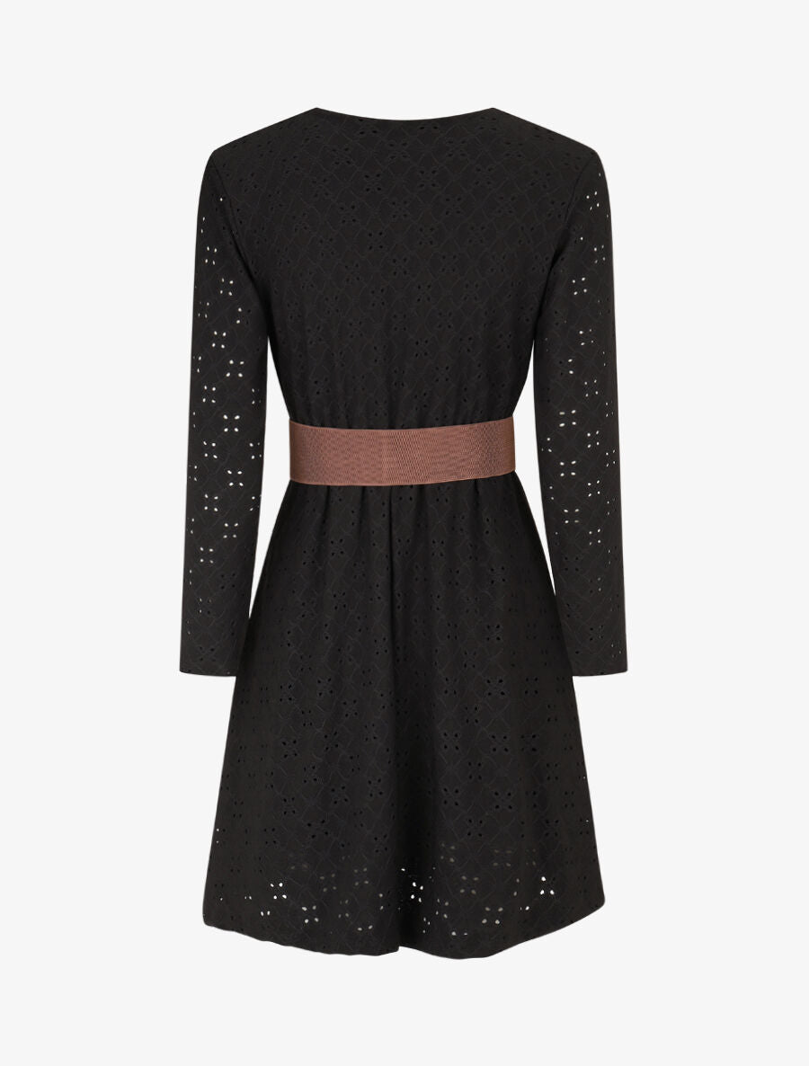 Robe unie élastiquée et ajourée - Noir - 2