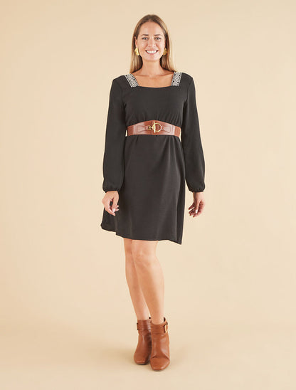 Robe fluide à col carré stylisé - Noir - 4